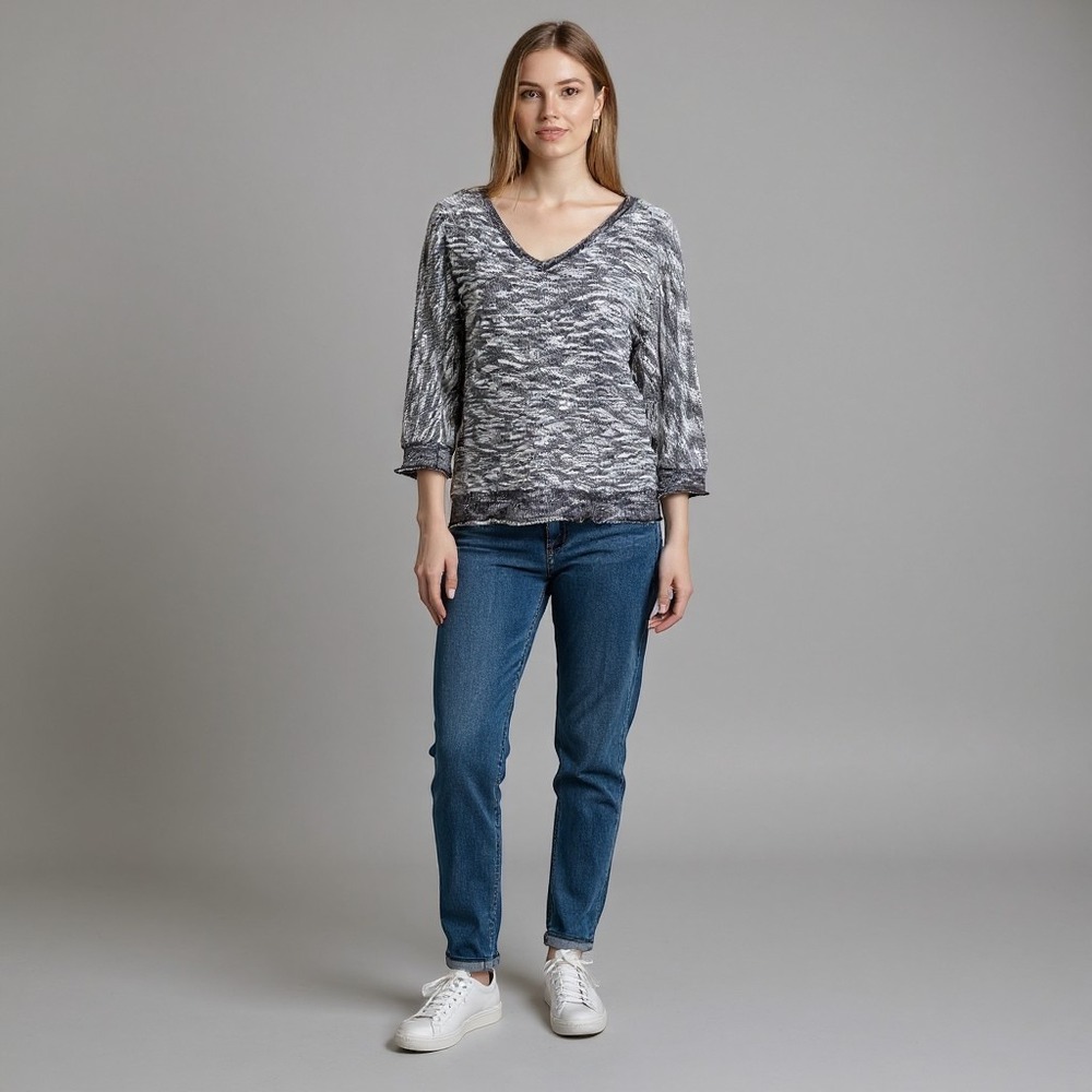 KUT from the Kloth Black White Space Dye V-Neck Sweater KT233D01 Womens Small